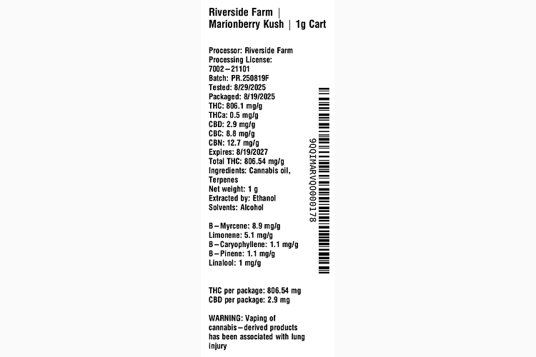 Marionberry Kush 1g Cart by Riverside Farm