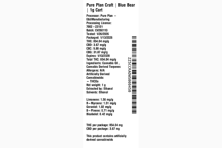 Pure Plan Blue Bear – 1 g Vape Cartridge