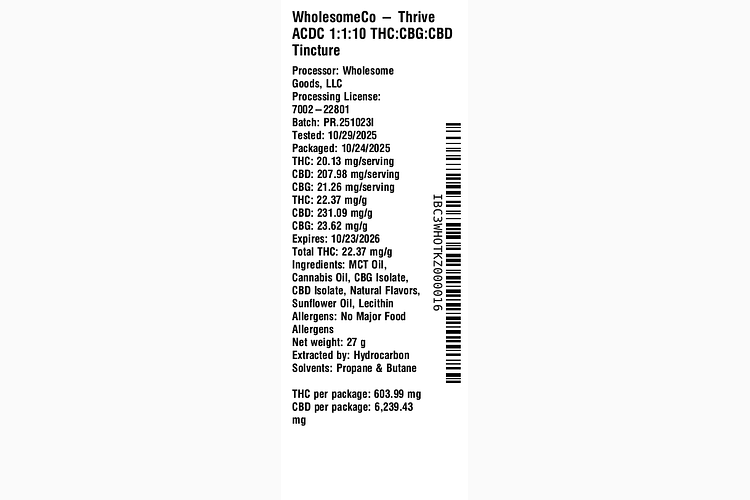 WholesomeCo 1:1:10 THC:CBG:CBD Thrive ACDC – 30ml Tincture
