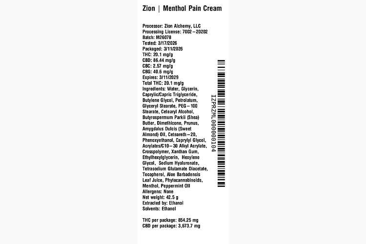 Menthol Pain Cream by Zion