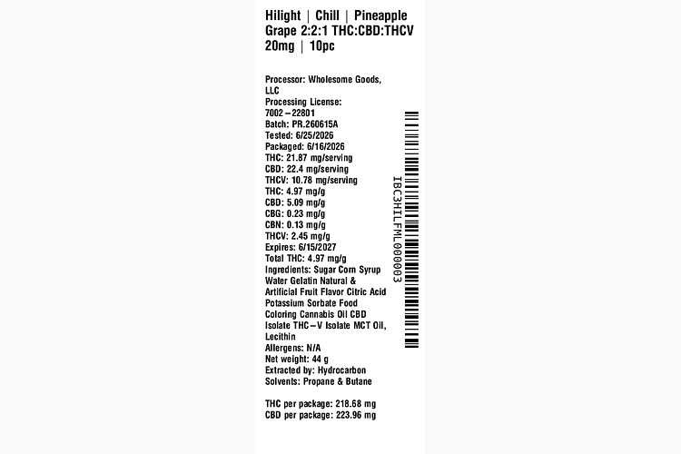 Chill - Pineapple Grape 2:2:1 THC:CBD:THCV 20mg by Hilight