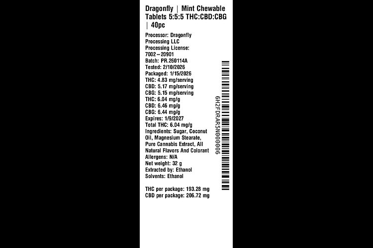 Dragonfly 5:5:5 THC:CBD:CBG Mint Tablet – 5mg 40-pack | WholesomeCo