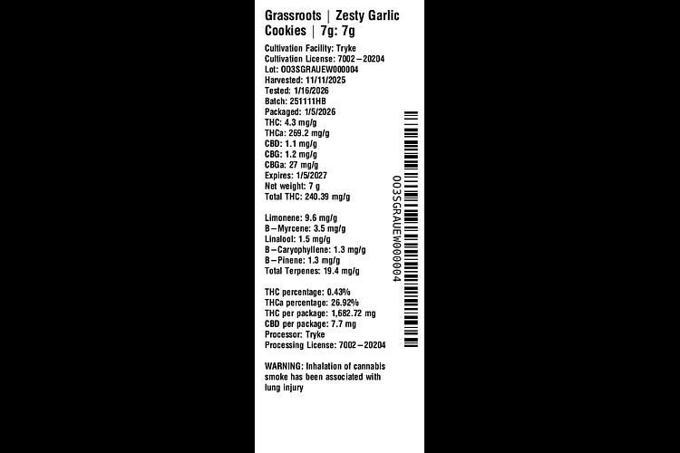 Grassroots Zesty Garlic Cookies – 7g Indoor Flower | WholesomeCo