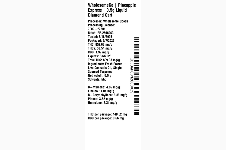 Pineapple Express 0.5g Liquid Diamond Cart by WholesomeCo