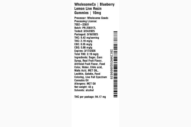 Indica Live Resin Gummy 10mg - Blueberry Lemon by WholesomeCo