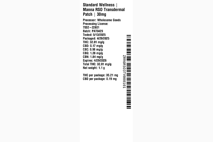 Manna RSO Transdermal Patch Single by The Standard
