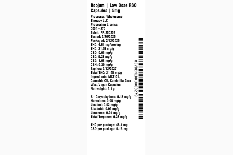 Low Dose RSO Capsules 5mg by Boojum