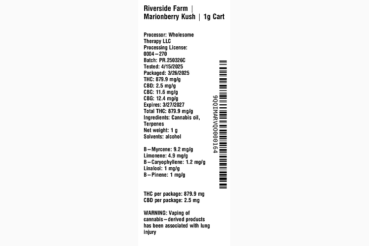 Marionberry Kush 1g Cart by Riverside Farm