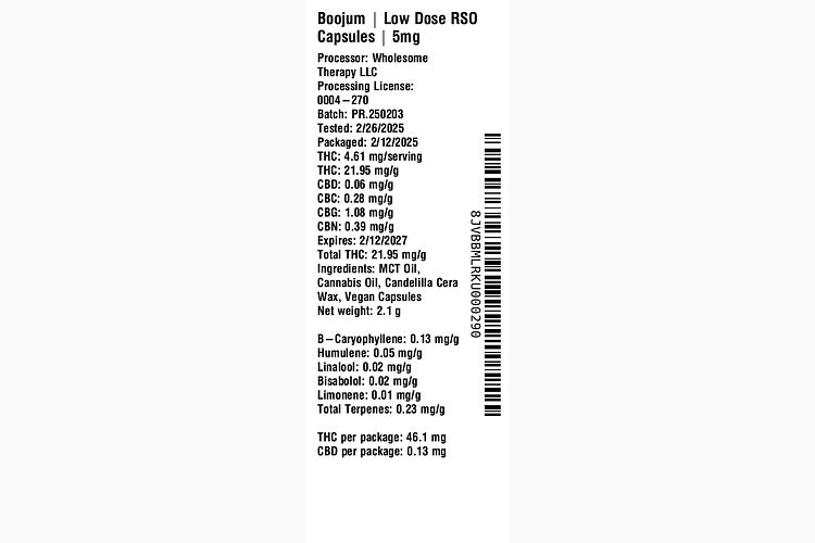 Low Dose RSO Capsules 5mg by Boojum