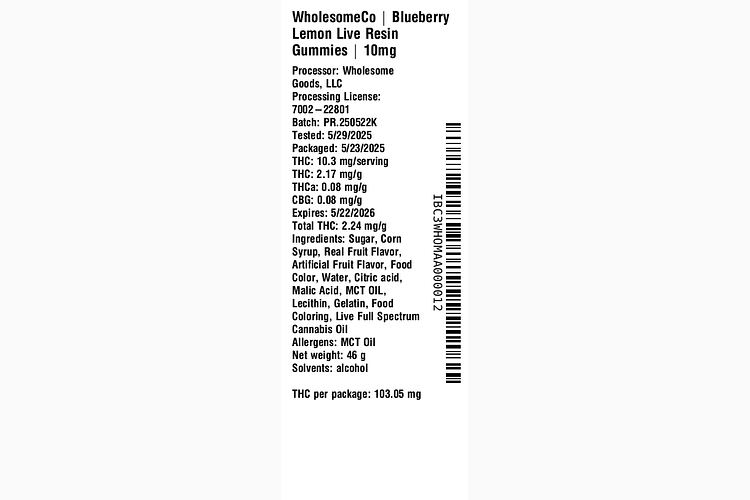 Indica Live Resin Gummy 10mg - Blueberry Lemon by WholesomeCo