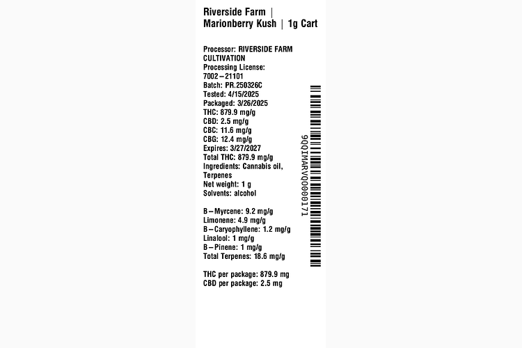 Marionberry Kush 1g Cart by Riverside Farm