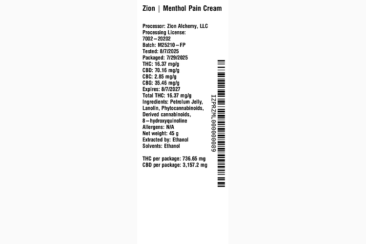 Menthol Pain Cream by Zion