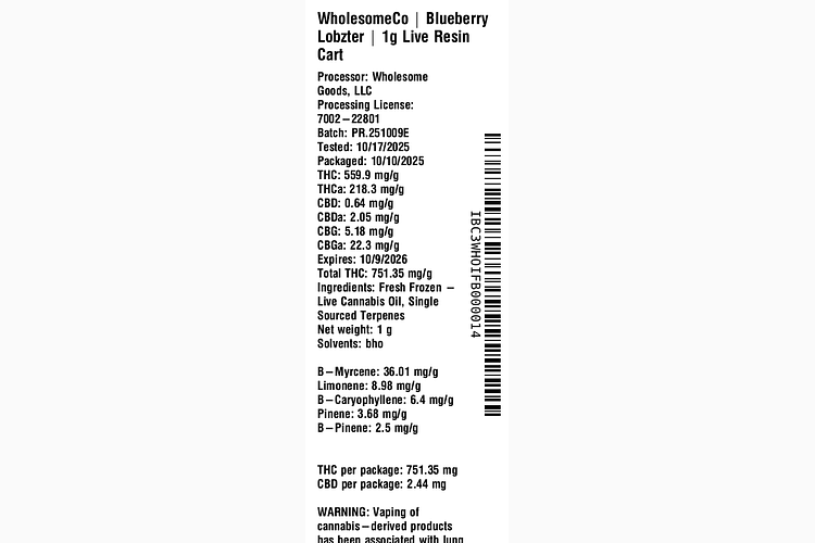 Blueberry Lobzter 1g Live Resin Cart by WholesomeCo
