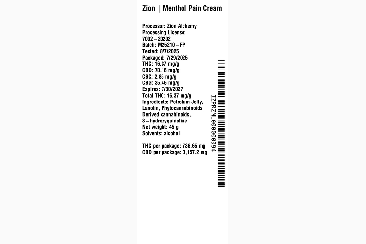 Menthol Pain Cream by Zion