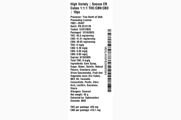 Snooze ER Cubes 1:1:1 THC:CBN:CBD by High Variety